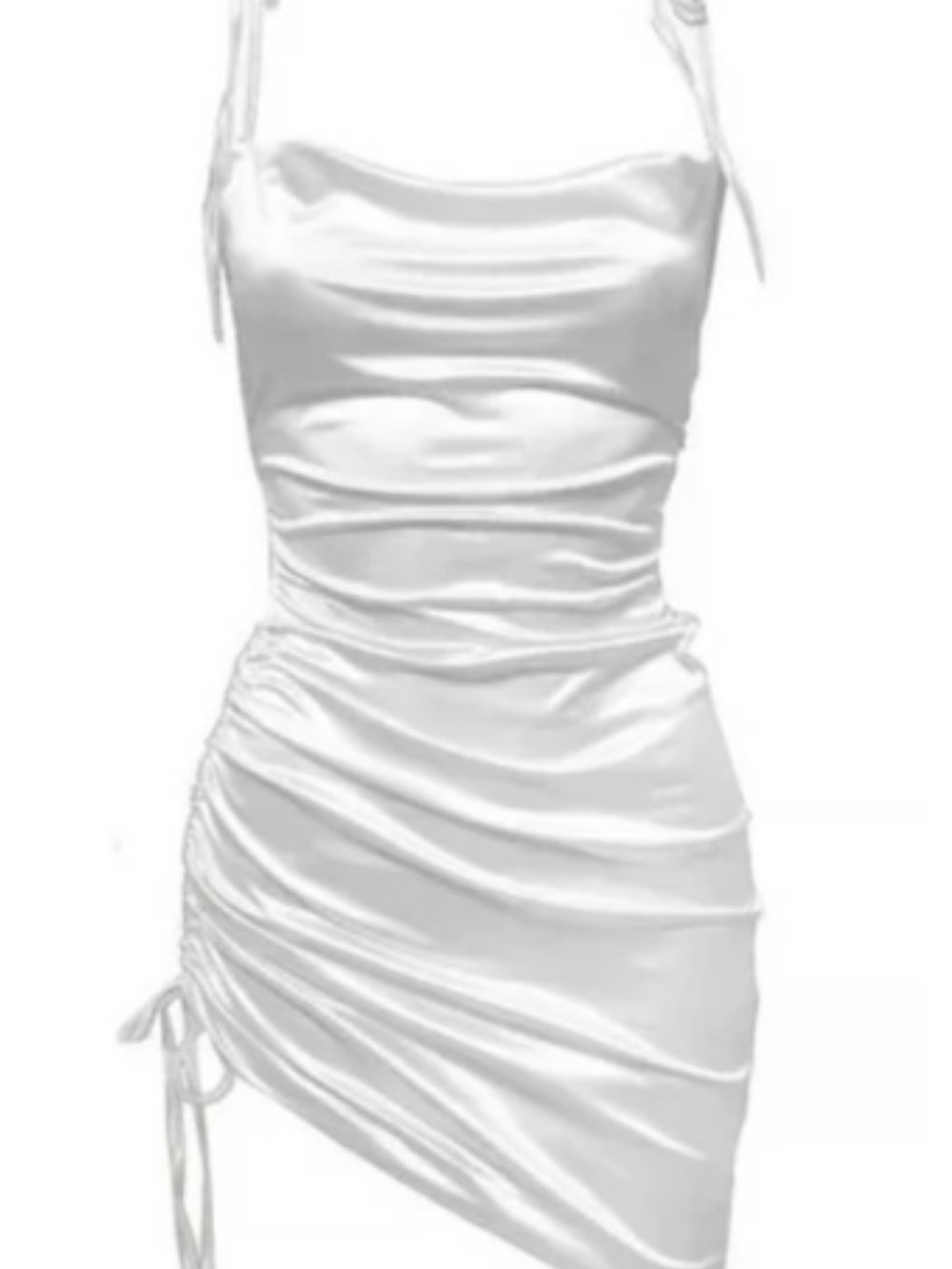 White Satin Ruched Mini Dress with Tie Straps